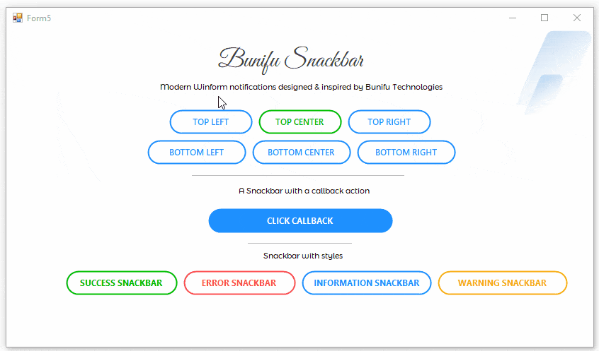 Bunifu Snack bar positions, callback and error states display